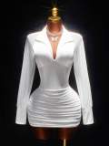 New European and American cross-border fashion solid color long-sleeve slim-fit V-neck ruched bodycon short dress for women