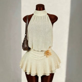Cross-border European and American summer new foreign trade sexy solid color sleeveless halter neck tie-back waist-cinching tiered dress