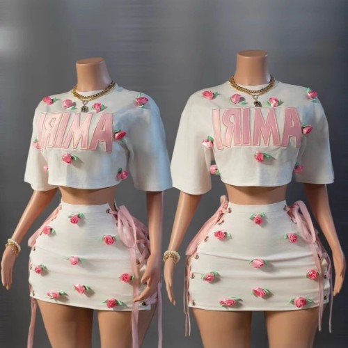 13693DFloralCropTopandSkirtSet Rose-decorated cropped skirt set, fashionable and casual