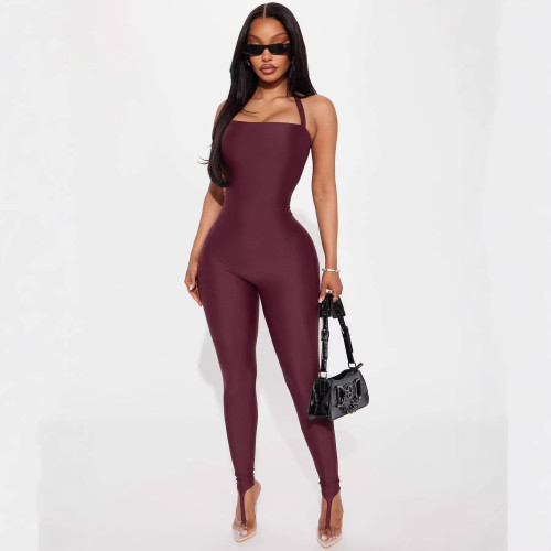 New European and American style cross-border fashion solid color halter neck strapless backless stretchy bodycon jumpsuit for women
