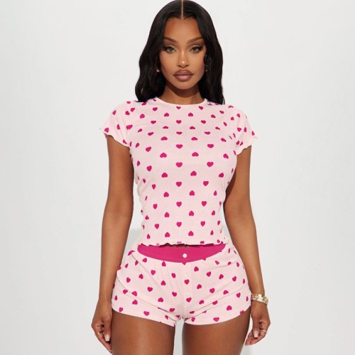 New Valentine's Day Heart Print Contrast Color Basic Slim-Fit Short Sleeve Shorts Casual Home Wear Set for Women