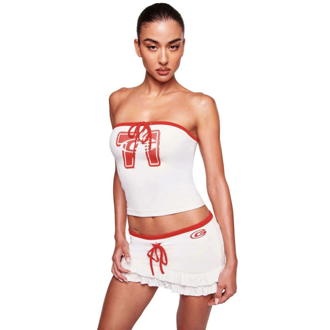 Cross-border European and American foreign trade fashion printed sexy strapless sleeveless tank top and low-waist bodycon short skirt set