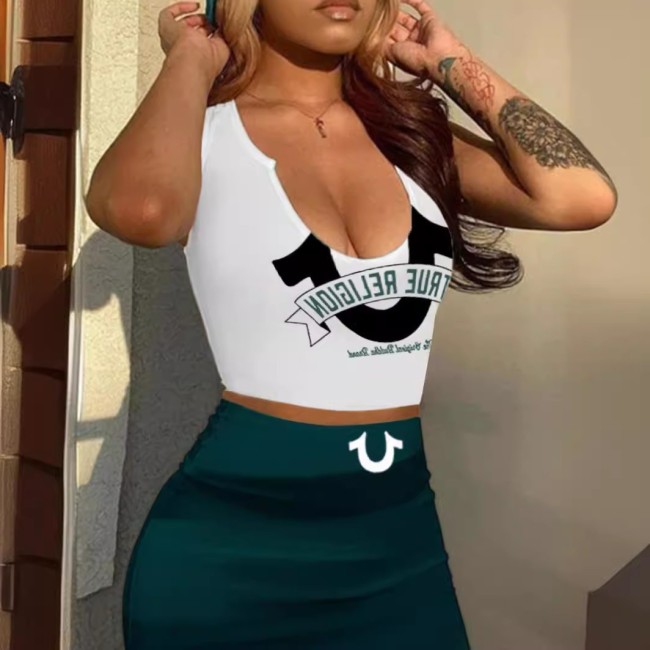 FC1226 Fashionable casual ins-style letter logo printed tight-fitting bodycon long skirt set in white, European and American style
