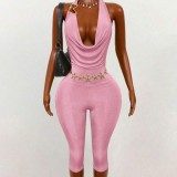 Cross-border European and American summer new fashion sexy halter neck metal buckle open back jumpsuit women's clothing