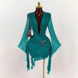 Cross-border European and American spring/summer new fashion sexy mesh deep V-neck waist-cinching bodycon dress for women