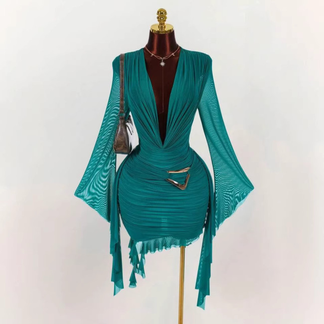 Cross-border European and American spring/summer new fashion sexy mesh deep V-neck waist-cinching bodycon dress for women