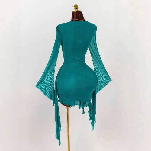 Cross-border European and American spring/summer new fashion sexy mesh deep V-neck waist-cinching bodycon dress for women