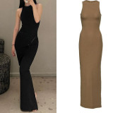 In-stock I*MS round-neck sleeveless tank dress, solid color stretchy knitted shapewear slip dress for summer
