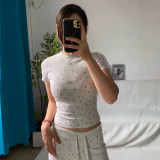 im  Christmas print stretch ribbed knit high-waisted pants with square neckline and lace trim