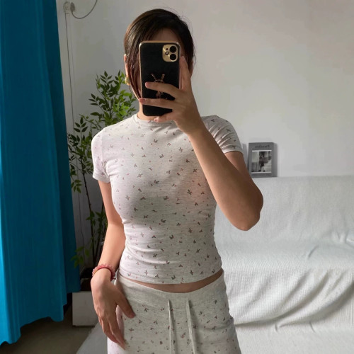 im  Christmas print stretch ribbed knit high-waisted pants with square neckline and lace trim