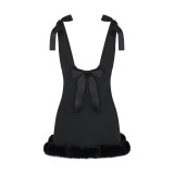 Christmas Limited Edition White Satin Bow Strap Camisole Sexy Furry Mini Dress