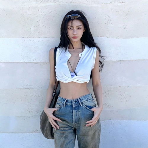 U-neck ribbed camisole slim-fit solid color inner and outer wear sports crop top, slimming and figure-flattering