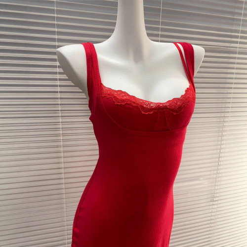 [New Hot Item] 's new layered lace wide-brimmed tank top long dress, faux two-piece - no returns or exchanges