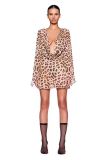 European and American sexy deep V backless long-sleeve dress, bodycon skirt, short skirt, hot girl vacation leopard print Y2K cover-up