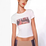 European and American style sexy white printed pattern round-neck slim-fit white cropped short-sleeve top