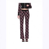 American retro wave pattern embroidered sweet and spicy Barbie striped plaid long-sleeve hooded jacket and casual pants