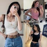 Diamond-like shine   Swarovi logo stretch lace three-color slim-fit tank top