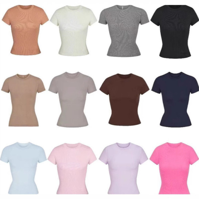 top T-shirt short sleeve stretch slim fit Kylie style ribbed pure cotton crew neck base shirt