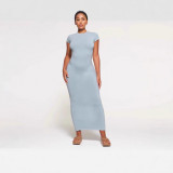 NEW VINTAGE Long Dress with Slit Ribbed Bodycon Dress Short Sleeve Long Dress