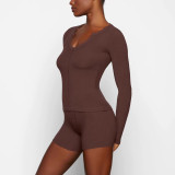 -style ribbed open small U-neck SOFT LOUNGE base shirt long-sleeve T-shirt women's top