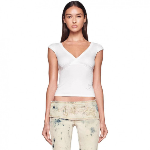Low-cut cross-over deep V-neck solid color versatile slim-fit sexy top with rhinestones, short-sleeved summer T-shirt for women