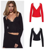 alternative softlounge same style black sexy lace faux two-piece long-sleeve top