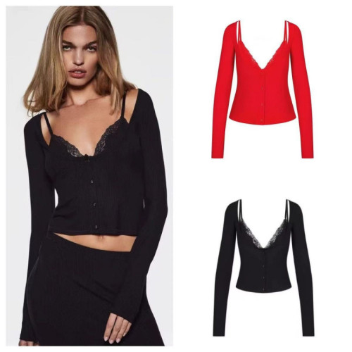 alternative softlounge same style black sexy lace faux two-piece long-sleeve top
