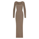 -style pure and alluring slim-fit bodycon black square-neck long-sleeve dress for women