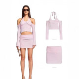 European and American hot girl light pink gentle and sexy knitted halter neck off-shoulder camisole top and short skirt set