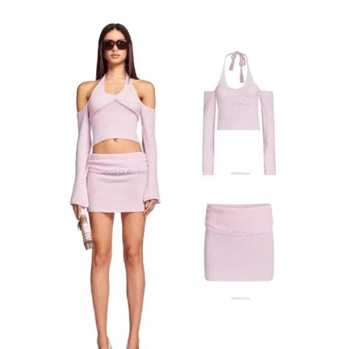 European and American hot girl light pink gentle and sexy knitted halter neck off-shoulder camisole top and short skirt set