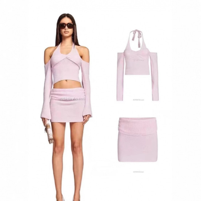 European and American hot girl light pink gentle and sexy knitted halter neck off-shoulder camisole top and short skirt set
