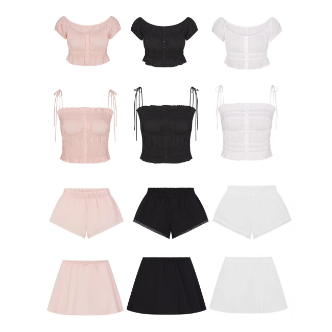 Summer New Hot Girl Square Neck Puff Sleeve Slim Fit Camisole Top Casual Versatile Short Skirt Set