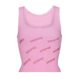 -style pink lace camisole with rhinestone letter logo, stretchy and slimming