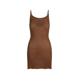 Sheer Knit Low-Neck Camisole Dress Round-Neck See-Through Knit Mini Dress in Spicy Girl Style