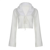 European and American style detachable fur collar tie-up long-sleeve top, sexy slim-fit knitted sweater jacket