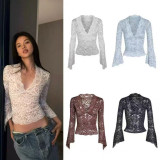 New sexy sheer top with a pure and alluring style, featuring a V-neck, hollow lace, bell sleeves, and a slim-fitting design