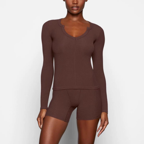 -style ribbed open small U-neck SOFT LOUNGE base shirt long-sleeve T-shirt women's top