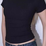 New  top T-shirt, short-sleeved, stretchy, slim-fit, Kylie-style ribbed pure cotton round-neck base shirt