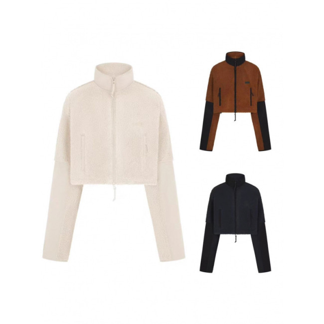 25 Fall/Winter Casual Sportswear Women's Color-Block Long-Sleeve Stand-Up Collar Lamb Wool Versatile Long-Sleeve High-Collar Short Jacket