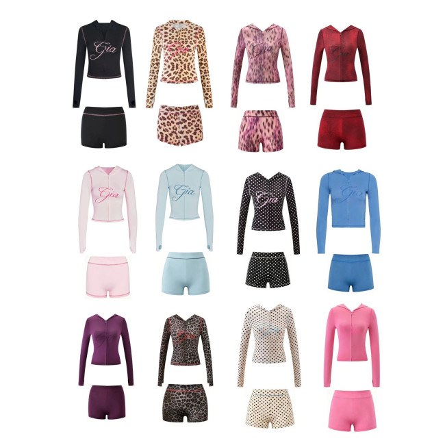 Slim-fit hooded zip-up short jacket and shorts set with letter print and contrast stitching