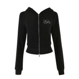 Water-drop rhinestone logo sweatshirt, zip-up sweatshirt jacket, drawstring pants, short skirt, fashionable casual suit