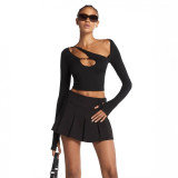 Asymmetrical sexy top with chest cutout, tight-fitting, long-sleeved, cropped, off-shoulder, sexy high-waisted, ring-buckle T-shirt