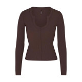 -style ribbed open small U-neck SOFT LOUNGE base shirt long-sleeve T-shirt women's top
