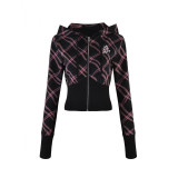 American retro wave pattern embroidered sweet and spicy Barbie striped plaid long-sleeve hooded jacket and casual pants