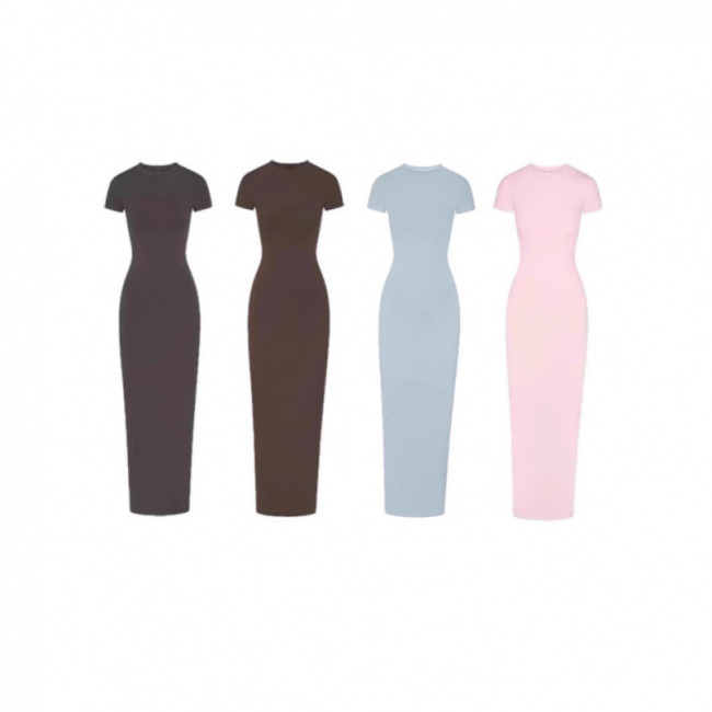 NEW VINTAGE Long Dress with Slit Ribbed Bodycon Dress Short Sleeve Long Dress