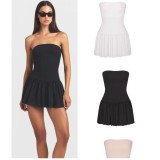 New Summer Style Spicy Girl Puffy Short Skirt for Women, Solid Color Simple Strapless Slim Fit Bud Short Pleated Dress