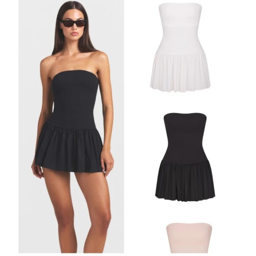 New Summer Style Spicy Girl Puffy Short Skirt for Women, Solid Color Simple Strapless Slim Fit Bud Short Pleated Dress