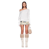 European and American hot girl one-shoulder, slightly exposed shoulder, long-sleeve, fashionable versatile top and denim skirt set