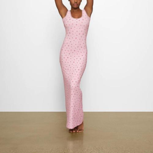 SOFT LOUNGE Lace Floral Stretch Dress Ribbed Backless Strap Long Dress