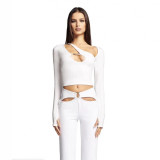 Asymmetrical sexy top with chest cutout, tight-fitting, long-sleeved, cropped, off-shoulder, sexy high-waisted, ring-buckle T-shirt